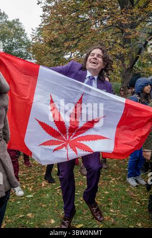 17 octobre 2018, Toronto, Canada : un homme dansant tenant un drapeau canadien avec une feuille de marijuana au milieu au lieu d'une feuille d'érable pendant la journée de célébration de la légalisation du cannabis au parc Trinity Bellwoods. (Crédit image : © Shawn Goldberg/SOPA images via ZUMA Wire) Banque D'Images