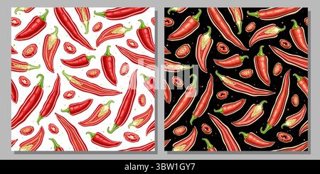 Vector Chili Pepper Seamless Pattern, deux arrière-plans avec illustration de contour des pièces entières et piment volantes, placard carré avec chil chaud plat Illustration de Vecteur