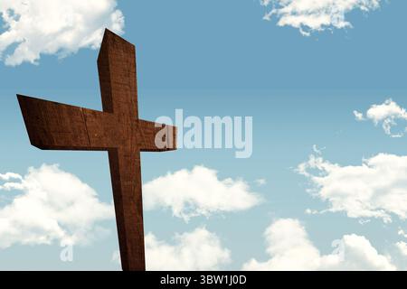 La croix en bois altérée est debout dans un design plat contre un ciel bleu pâle parsemé de nuages moelleux Banque D'Images