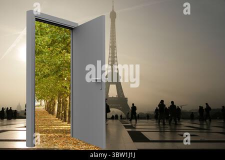 Image numérique de la Tour Eiffel avec des arbres vus de la porte ouverte Banque D'Images