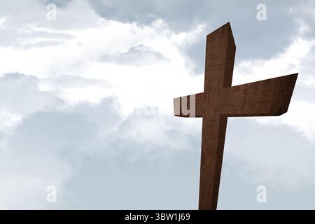 L'illustration de conception plate montre une croix de grain de bois altérée debout contre un ciel nuageux Banque D'Images