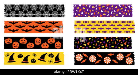 Collection de bandes washi sur le thème d'Halloween avec illustrations vectorielles de chauves-souris et d'araignées de citrouilles. Bordures de ruban de masquage violet noir et orange pour Illustration de Vecteur