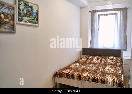 Cette chambre minimaliste est agrémentée d'un couvre-lit à imprimé zèbre, d'œuvres d'art encadrées et d'un éclairage naturel provenant d'une fenêtre à rideau. le design intérieur confortable souligne Banque D'Images