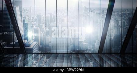 Panorama de la ville montrant à travers des murs de verre avec des poutres en acier foncé dans une tour en rendu 3D. Banque D'Images
