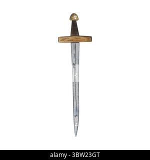 Arme médiévale, épée. Illustration aquarelle dessinée à la main, dessin animé. Dessin pour scrapbooking, autocollants. Chevalier, histoire, arme, épée, fer, défense Banque D'Images