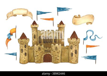 Ensemble d'illustration d'aquarelle : vieux château, drapeaux bleus et orange pour les tours. Illustration dessinée à la main, dessin animé. Dessin pour blancs, autocollants Banque D'Images