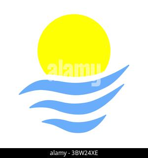 Icône minimale de soleil et de vague de mer dans un style plat sur fond blanc, voyage d'été ou symbole de vacances à la plage Illustration de Vecteur