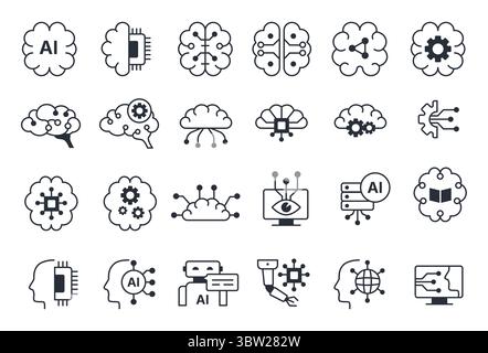 Icônes d'apprentissage automatique. Décrivez les pictogrammes de technologie robotique et d'automatisation des machines, l'esprit intelligent et les symboles de ligne de cerveau des machines. Ensemble de science vectorielle Illustration de Vecteur