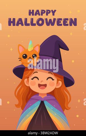 Mignon salut d'Halloween avec fille de sorcière souriante et chat licorne sur son chapeau Illustration de Vecteur