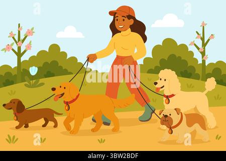 Chien de printemps professionnel marchant par une jeune femme promeneur de chien avec quatre chiens heureux dans un parc en fleurs Illustration de Vecteur