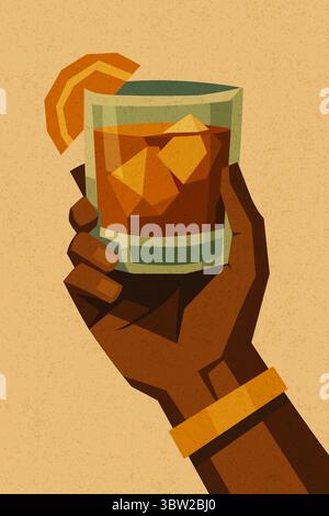 Cocktail à l'ancienne avec orange et glace dans la main à la peau foncée Illustration de Vecteur