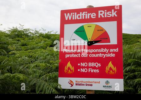 En dépit de la verdure trompeuse Bracken, un panneau de risque d'incendie de forêt est placé à Extreme dans la Beamish Valley près d'Ingram, Northumberland. En raison du temps sec prolongé, les feux de prairie et les feux de forêt sont de plus en plus fréquents au Royaume-Uni en raison du changement climatique et il y a des appels pour la création d'un plan national pour les pompiers. Banque D'Images