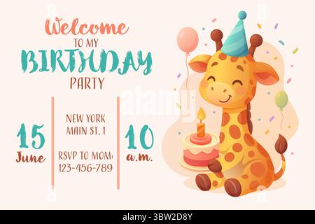 modèle invitation d'anniversaire unique pour garçon ou fille avec girafe mignonne, gâteau, ballons Illustration de Vecteur