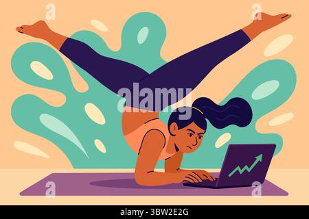 Jeune femme flexible dans la pose avancée de yoga tout en travaillant sur ordinateur portable avec graphique boursier à l'écran Illustration de Vecteur