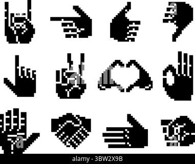 Jeu d'icônes rétro Black Pixel Art Hand Illustration de Vecteur