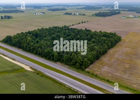 Vue aérienne d'une route coupant des champs. Banque D'Images