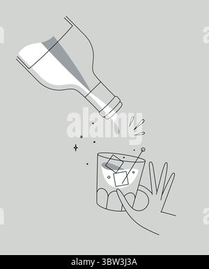 Main tenant le verre de whisky et le dessin de bouteille dans le style de ligne plate sur fond gris Illustration de Vecteur