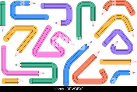Ensemble de crayons colorés pliés en diverses formes géométriques et abstraites sur un fond blanc. Illustration de Vecteur