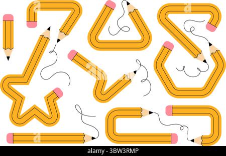 Ensemble de plusieurs crayons jaunes pliés en diverses formes géométriques et abstraites Illustration de Vecteur