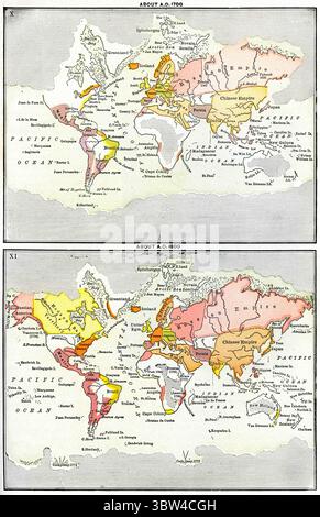 18 août 2019 : X Map of the World About A.D. 1700, XI Map of the World About A.D. 1800, illustration, Ridpath's History of the World, volume III, par John Clark Ridpath, LL. D., Merrill & Baker Publishers, New York, 1897 (crédit image : © JT Vintage/Glasshouse via ZUMA Wire) Banque D'Images