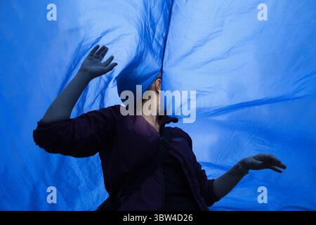 2 novembre 2020, Madrid, Espagne : un activiste portant un masque facial est vu à l'intérieur du tissu bleu pendant la manifestation..pendant la troisième rébellion internationale, le mouvement extinction Rebellion a bloqué la rue Gran VÃ­a à Madrid pour protester contre les conséquences de l'élévation du niveau de la mer. Le mouvement, transportant un tissu bleu de 150 mètres carrés de la place Callao à la place Espagne, marche à travers la rue Gran VÃ­a pour rendre visible le nombre croissant de personnes touchées par la montée du niveau de la mer, causée par le changement climatique. Cet acte, sous le nom de ''We Sold'', a représenté le grand nombre de décès dus t Banque D'Images