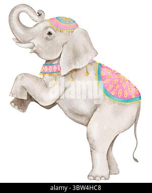 Éléphant debout avec couverture festive et coiffe. Illustration d'aquarelle peinte à la main pour les dessins sur le thème de l'Inde, cartes de douche de bébé, textile, yoga Banque D'Images