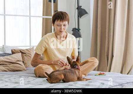 Propriétaire jouant avec un chien joyeux à la maison, heureuse femme mature profitant de l'exercice avec son pichet miniature mignon. Jouer avec le concept d'un chien à hom Banque D'Images