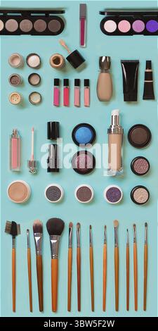 Cosmétiques pour le maquillage du visage : pinceaux, poudre, rouge à lèvres, ombre à paupières, tondeuse et autres accessoires sur fond bleu vue de dessus. Concept de pose à plat de beauté Banque D'Images