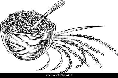 Riz ou avoine, blé ou seigle dans un bol en bois, avec des tiges de riz à côté. Graphiques en noir et blanc, illustrations vectorielles. Elément de conception pour menus Illustration de Vecteur