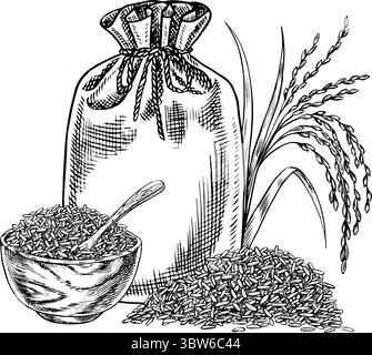 Sacs en toile de jute et un bol en bois avec riz ou avoine, blé ou seigle. Graphiques en noir et blanc, illustrations vectorielles. Élément de conception pour menus, recettes et Illustration de Vecteur