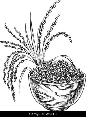 Riz ou avoine, blé ou seigle dans un bol en bois, avec des tiges de riz à côté. Graphiques en noir et blanc, illustrations vectorielles. Elément de conception pour menus Illustration de Vecteur