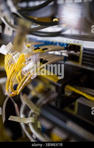 Le panneau de brassage à fibre optique avec câbles jaunes est présenté dans une conception plate à l'intérieur du rack de serveur Banque D'Images