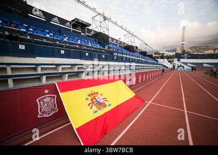 12 novembre 2020, Malaga, MALAGA, ESPAGNE : drapeau de l'Espagne lors du match de qualification de l'UEFA Euro Under 21 entre l'Espagne U21 et les îles Féroé U21 à l'Estadio Municipal de Marbella le 12 novembre 2020 à Malaga, Espagne. (Crédit image : © Joaquin Corchero/AFP7 via ZUMA Wire) Banque D'Images