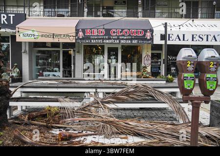 12 novembre 2020, produits Petersburg, Florida, USA : des débris de palmiers sont éparpillés sur le trottoir et les tables sur Beach Drive le matin après que la tempête tropicale ETA a frappé la baie de Tampa, laissant des dommages causés par les inondations et le vent dans les communautés partout, le jeudi 12 novembre 2020 à Petersburg. (Crédit image : © Martha Asencio Rhine/Tampa Bay Times via ZUMA Wire) Banque D'Images