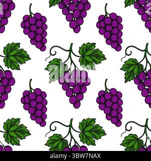 Modèle vectoriel sans couture de grappes dessinées à la main de raisins violets foncés avec des feuilles vertes, créant une illustration vibrante et juteuse parfaite pour la labe de vin Illustration de Vecteur