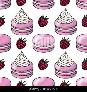 Motif vectoriel sans couture de macarons roses avec de la crème fouettée et des framboises, une illustration délicieuse pour les dessins de boulangerie sucrés. Illustration de Vecteur