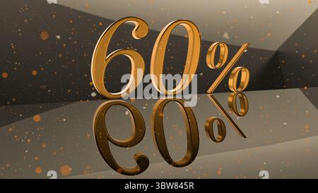 Numéro volumétrique doré 60 pour cent sur la surface du miroir avec fond de particules rondes ordinateur de rendu 3D. Banque D'Images
