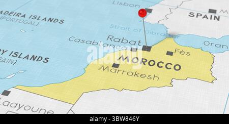 Maroc, Rabat - punaise sur la carte politique - illustration 3D. Banque D'Images