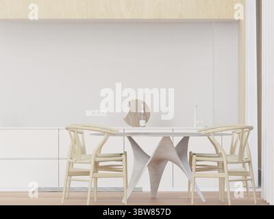 Cuisine et table à manger, grande fenêtre, style minimal, maquette et copier le mur de l'espace - rendu 3D - Banque D'Images