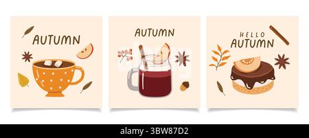Boissons et desserts d'automne, collection doodle, ensemble confortable d'automne, conception pour affiches, cartes, autocollants Illustration de Vecteur