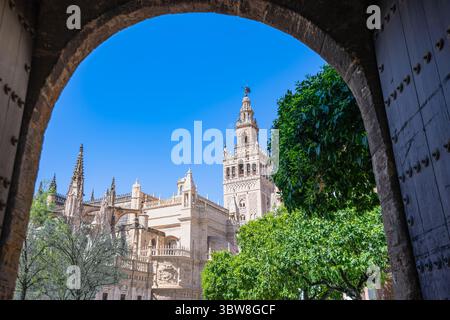 Une vue pittoresque sur la Tour Giralda historique et la grande cathédrale de Séville vue à travers une ancienne arche en pierre, sous un ciel bleu vibrant au se Banque D'Images
