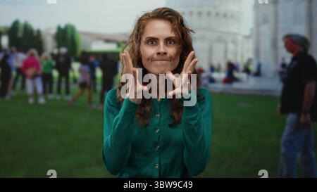 Femme exprimant la frustration devant la tour penchée de pise parmi les touristes dans un cadre urbain dynamique, capturant un mélange d'émotion et de t emblématique Banque D'Images
