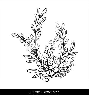 Branches abstraites avec des feuilles et des baies vectorielles art doodle illustration. Bouquet monochrome dans un style scandinave minimaliste. Pour Noël Illustration de Vecteur