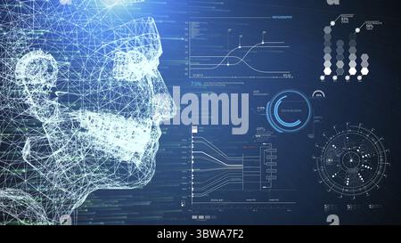 Illustration 3D filaire système d'IA humaine et interface HUD du scanner d'informations d'infographie sur fond bleu. Technologie VR d'affaires et médical. Di Banque D'Images