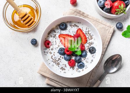 Bol de chia pour un petit déjeuner sain. Pudding au chia pendant la nuit avec yaourt grec, baies fraîches et miel. Alimentation saine, recette de détox de fitness. Banque D'Images