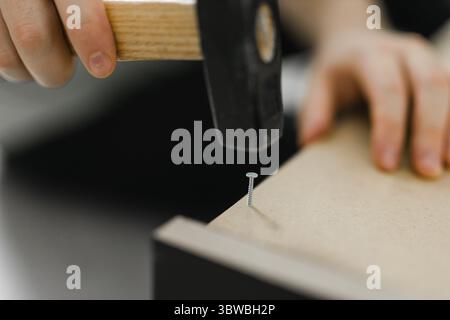 Gros plan de martelage d'un clou dans une planche de bois Banque D'Images