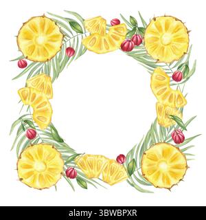Aquarelle tranches d'ananas jaune, baies d'acérola rouge, cadre carré de feuilles de palmier isolé sur fond blanc. Frontière de fruits tropicaux et juteux Banque D'Images