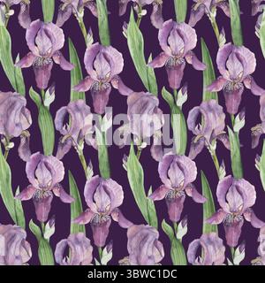 Motif sans couture avec iris lilas, feuilles vertes sur un fond violet foncé. L'illustration de fleur est peinte à la main à l'aquarelle dans un botanique Banque D'Images