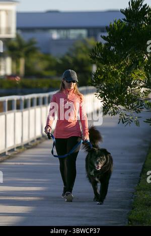 13 janvier 2015, Pembroke Pines, FL, États-Unis : Victoria Jones promène son chien, Han, près du Charles F. Dodge City Center à Pembroke Pines alors que les températures ont chuté dans les années 50 et 60 dans le sud de la Floride le mardi 8 décembre 2020. (Crédit image : © TNS via ZUMA Wire) Banque D'Images