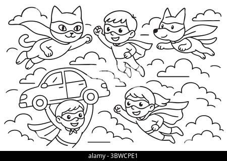Super-héros volant dans le ciel avec des animaux de compagnie et voiture. Illustration de Vecteur